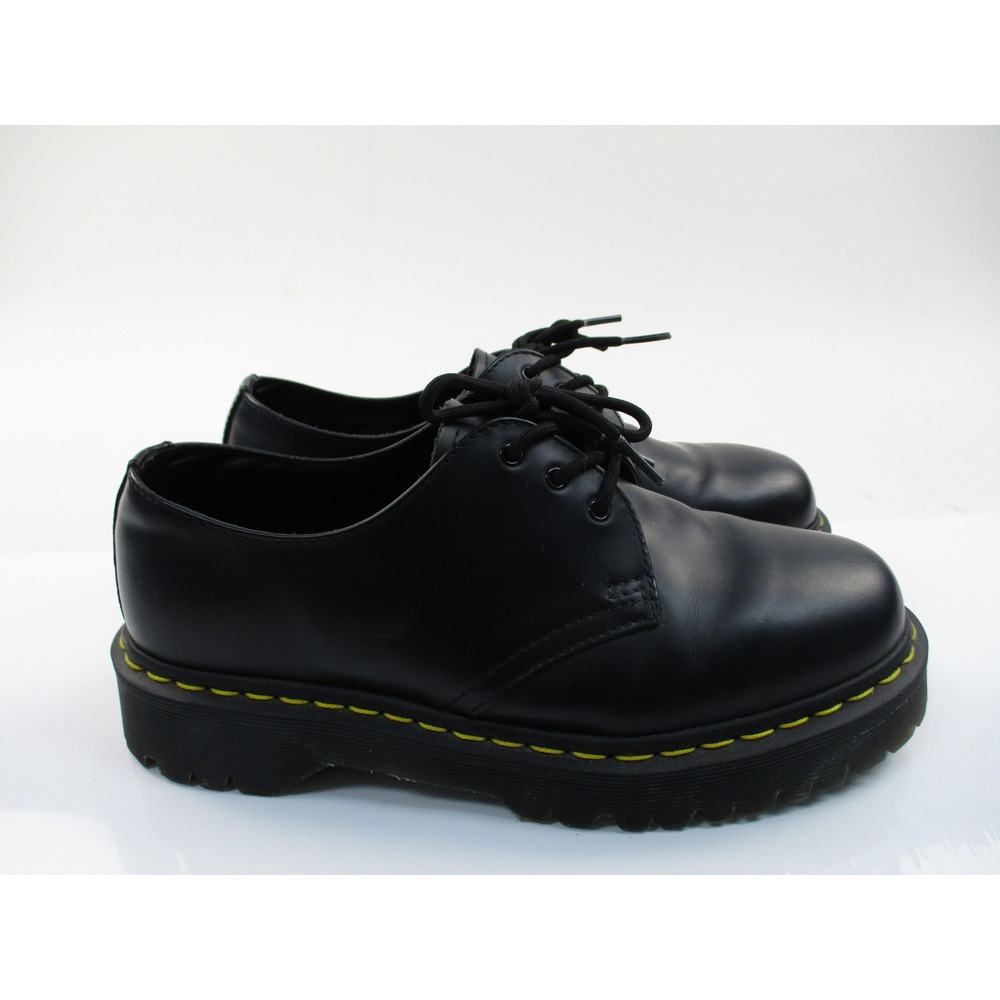 Dr. Martens Black Leather Lace-Up Flats with Yellow Stitching